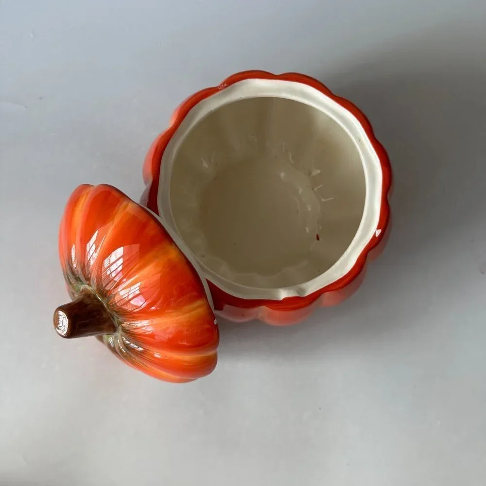 FTD 6 1/2 inch Orange Ceramic Fall Halloween Pumpkin Cookie Jar Decoration - Picture 5 of 6